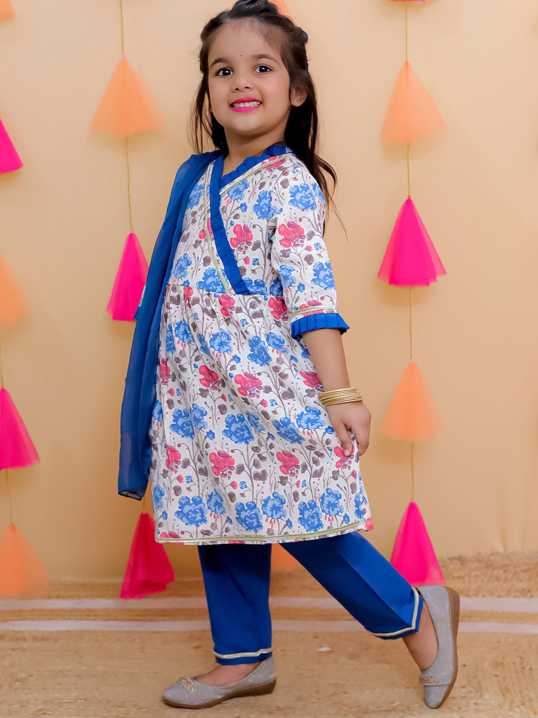 Blue 3/4th Sleeves Floral Print Cotton Girls Suit Set For Girls - AJ Dezines