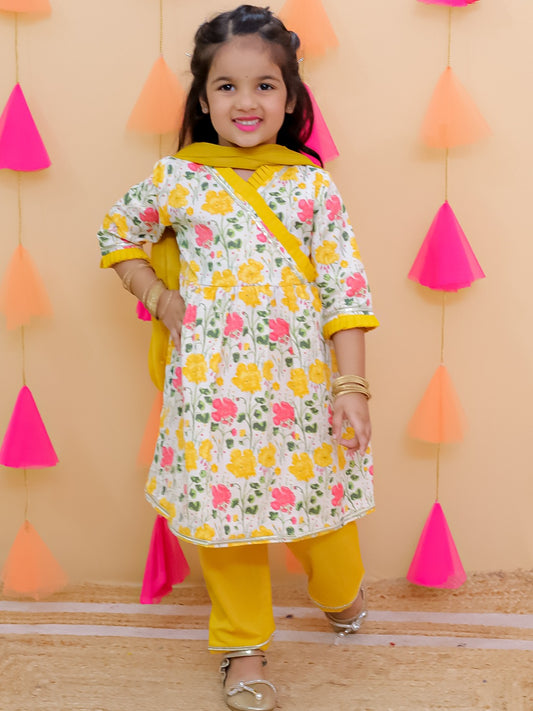 Aj Dezines Yellow 3/4th Sleeves Floral Print Cotton Girls Suit Set For Girls
