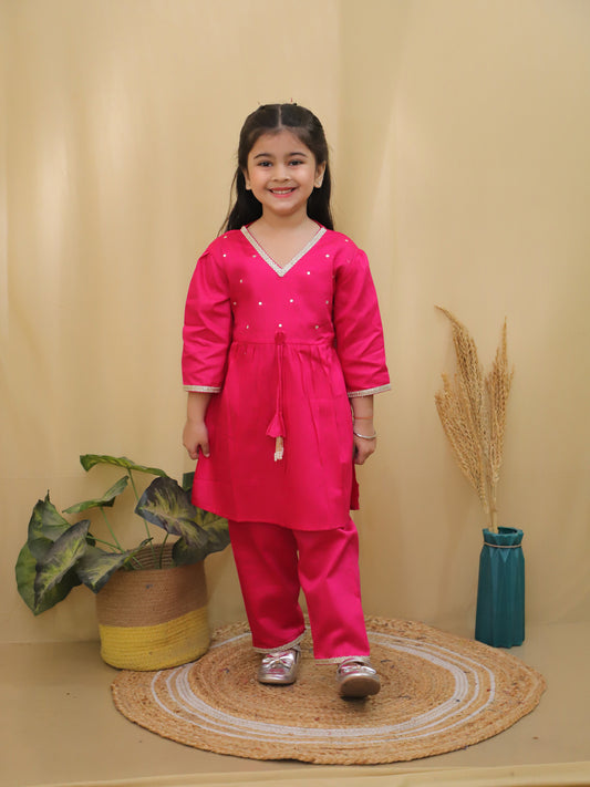 Aj Dezines Pink 3/4th Sleeves Solid Cotton Girls Suit Set For Girls