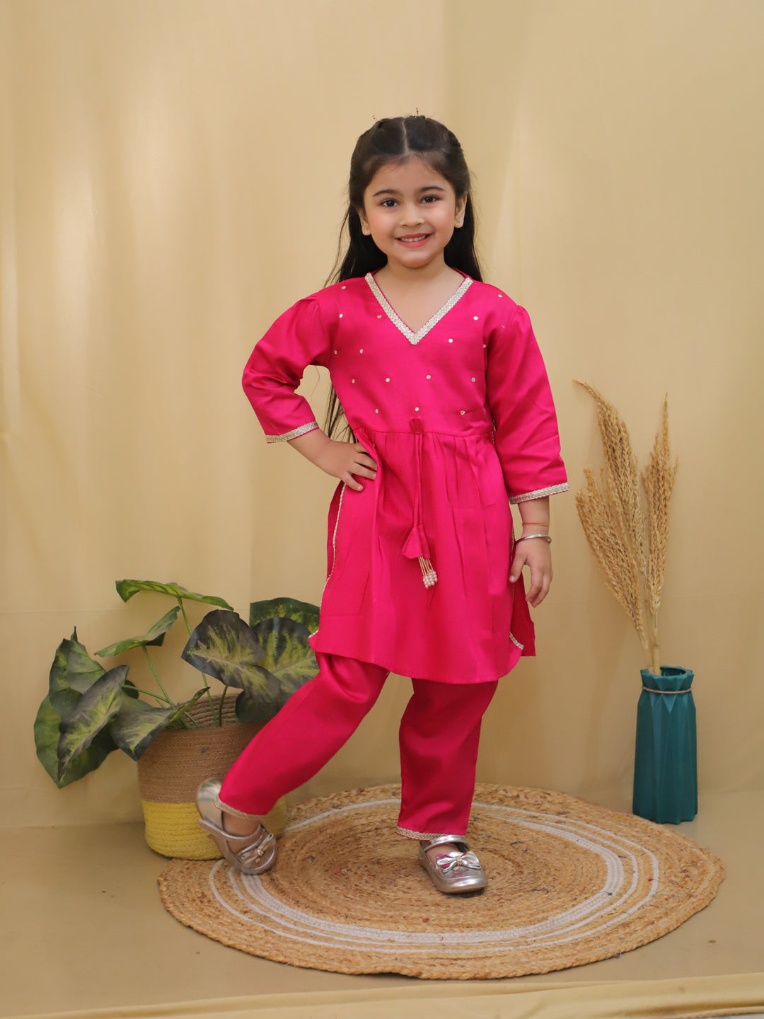 Pink 3/4th Sleeves Solid Cotton Girls Suit Set For Girls - AJ Dezines