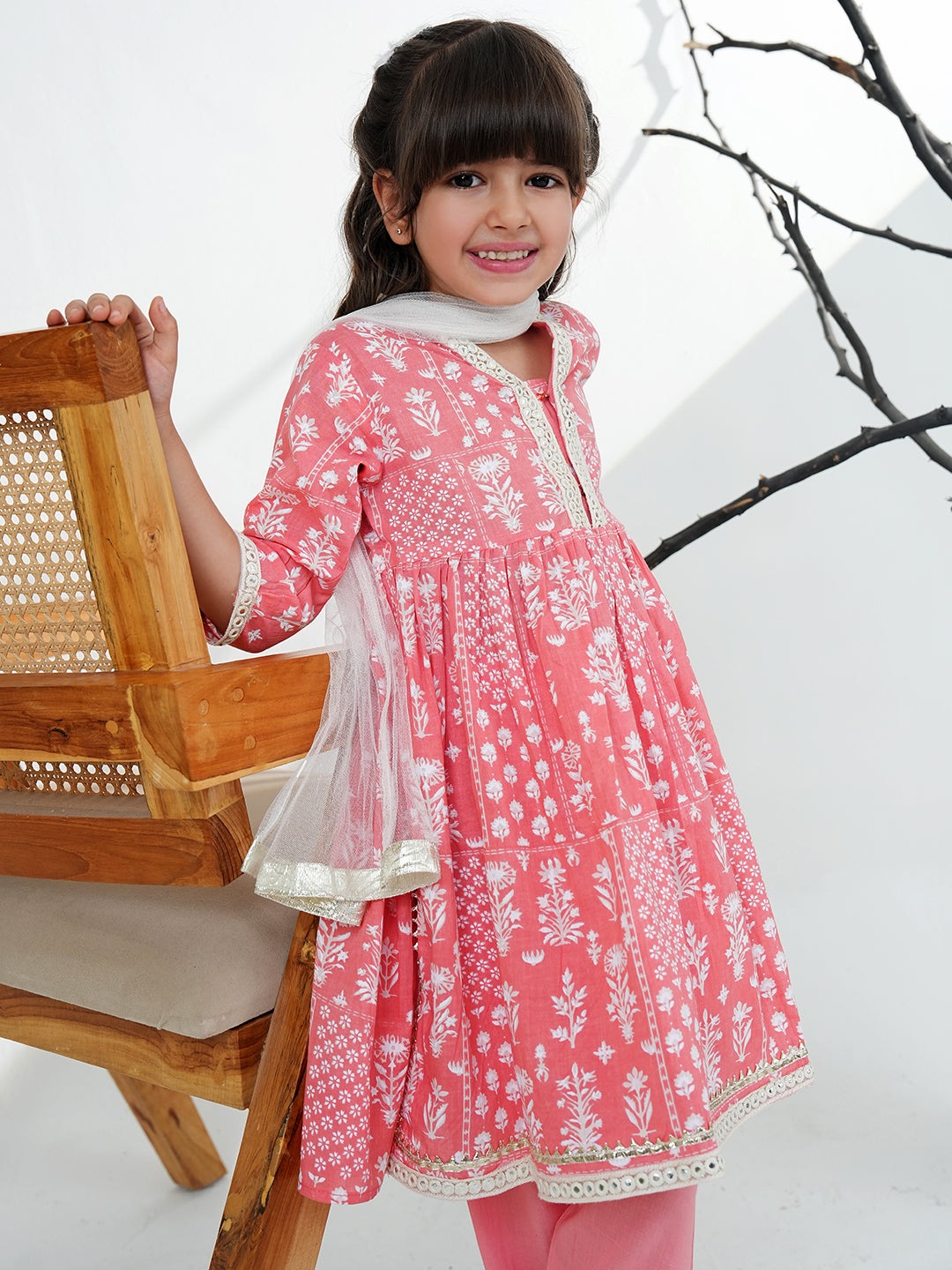 Pink Cotton 3/4th Sleeves Floral Printed with Lace Girls Suit Set - AJ Dezines