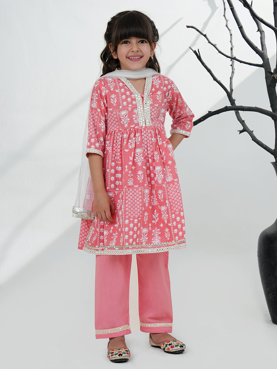 Pink Cotton 3/4th Sleeves Floral Printed with Lace Girls Suit Set - AJ Dezines