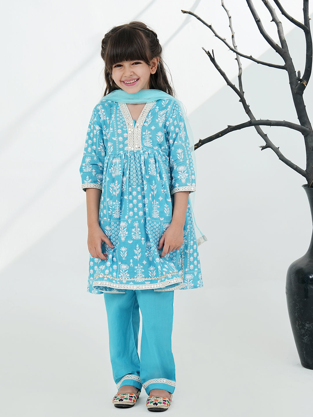 Sky Blue Cotton 3/4th Sleeves Floral Printed with Lace Girls Suit Set