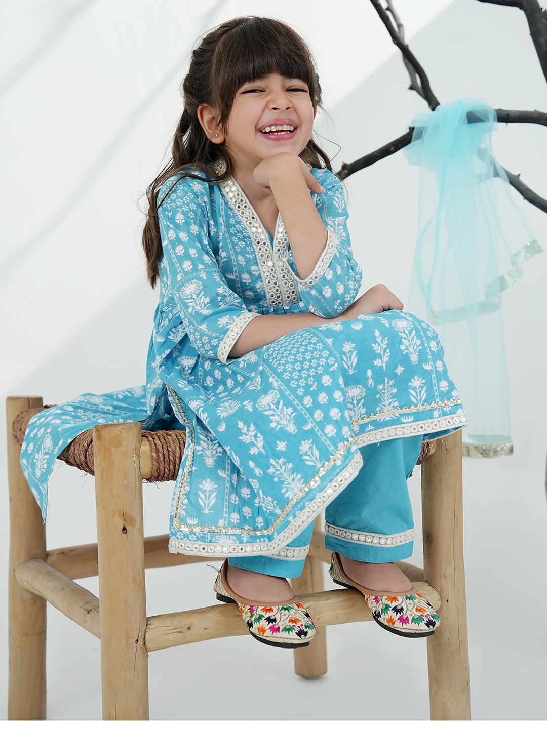 Sky Blue Cotton 3/4th Sleeves Floral Printed with Lace Girls Suit Set