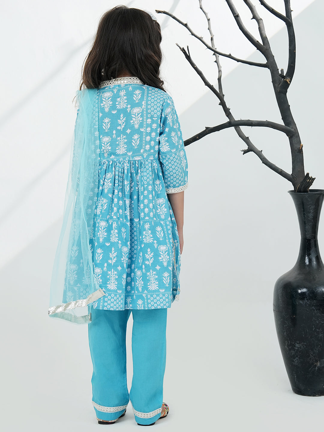 Sky Blue Cotton 3/4th Sleeves Floral Printed with Lace Girls Suit Set