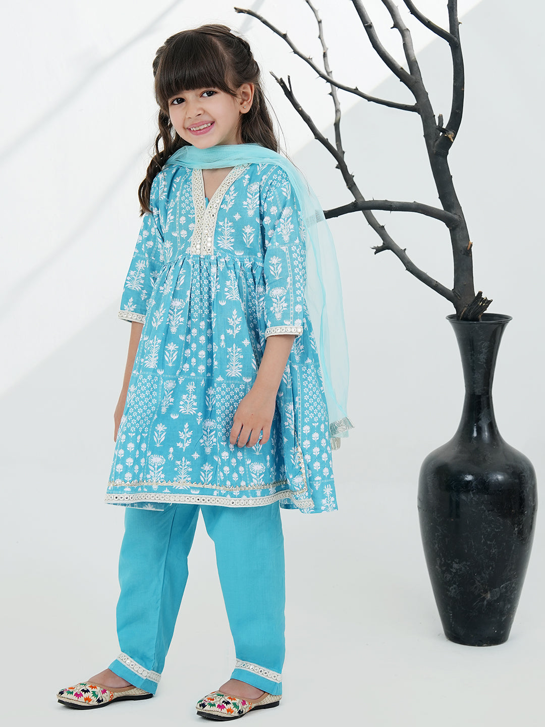 Sky Blue Cotton 3/4th Sleeves Floral Printed with Lace Girls Suit Set