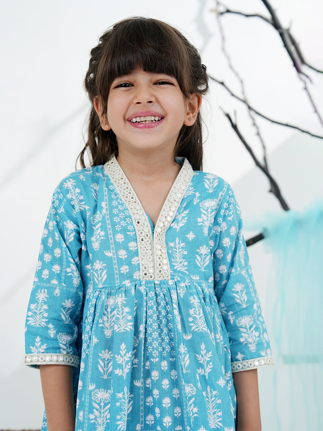 Sky Blue Cotton 3/4th Sleeves Floral Printed with Lace Girls Suit Set