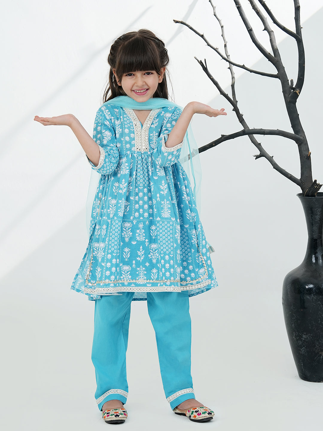 Sky Blue Cotton 3/4th Sleeves Floral Printed with Lace Girls Suit Set