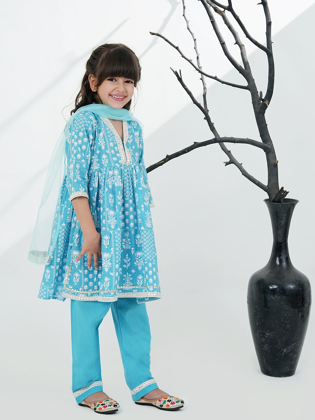 Sky Blue Cotton 3/4th Sleeves Floral Printed with Lace Girls Suit Set
