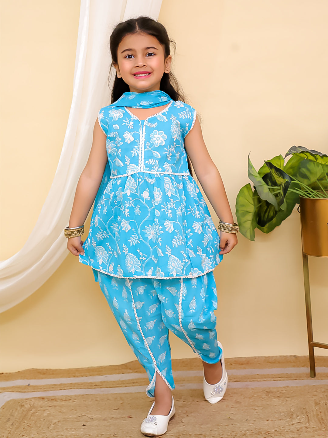 Sky Blue Sleeveless Floral Print Cotton Girls Suit Set For Girls - AJ Dezines