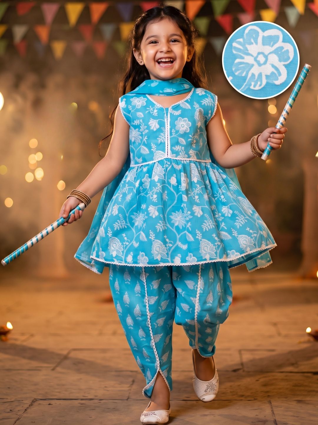 Sky Blue Sleeveless Floral Print Cotton Girls Suit Set For Girls