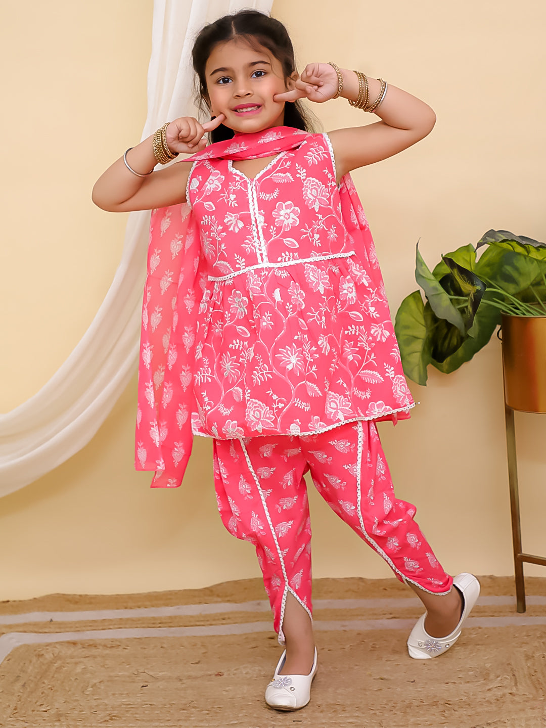 AJ Dezines Pink Sleeveless Floral Print Cotton Girls Suit Set For Girls