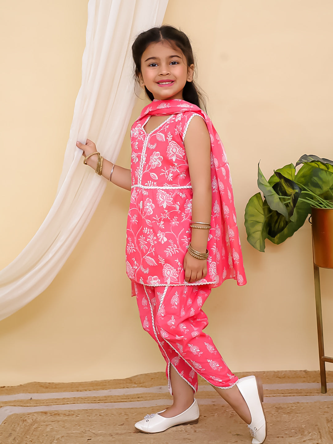 AJ Dezines Pink Sleeveless Floral Print Cotton Girls Suit Set For Girls