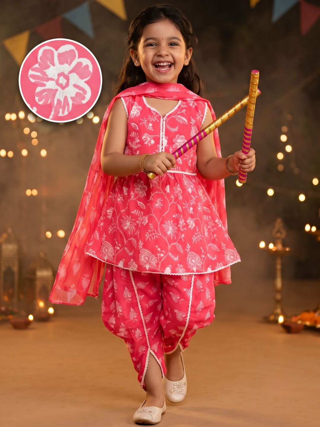 Pink Sleeveless Floral Print Cotton Girls Suit Set For Girls