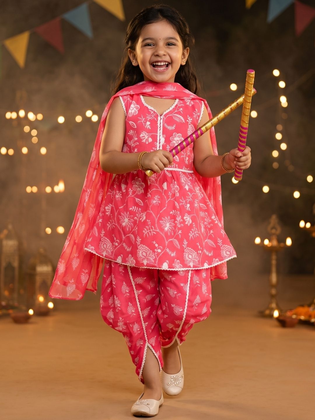 Pink Sleeveless Floral Print Cotton Girls Suit Set For Girls