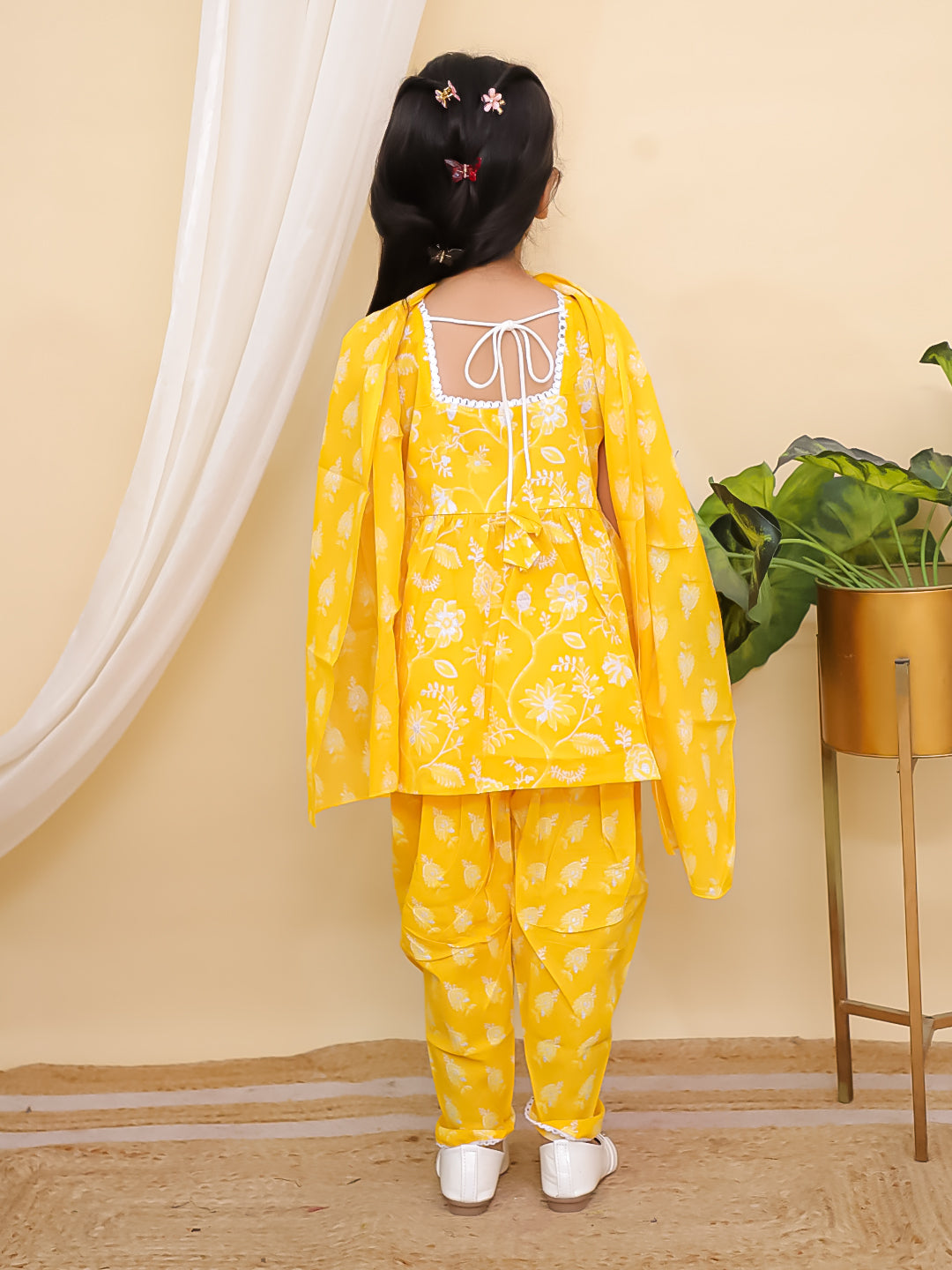 Yellow Sleeveless Floral Print Cotton Girls Suit Set For Girls