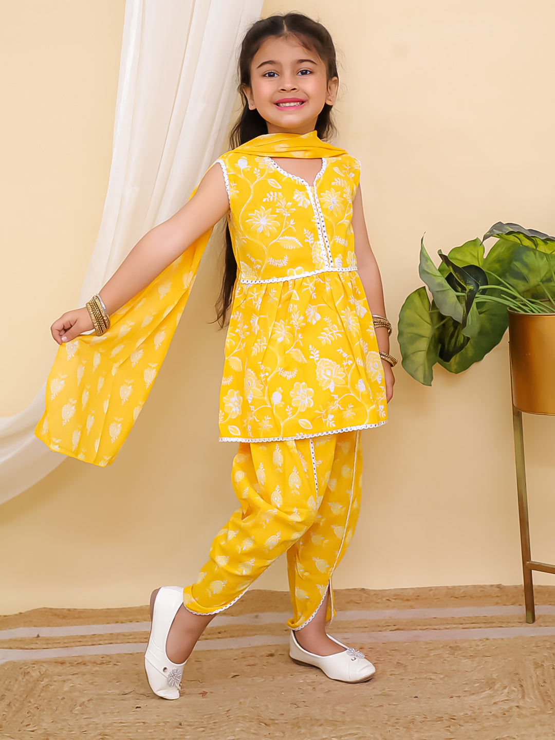 Yellow Sleeveless Floral Print Cotton Girls Suit Set For Girls