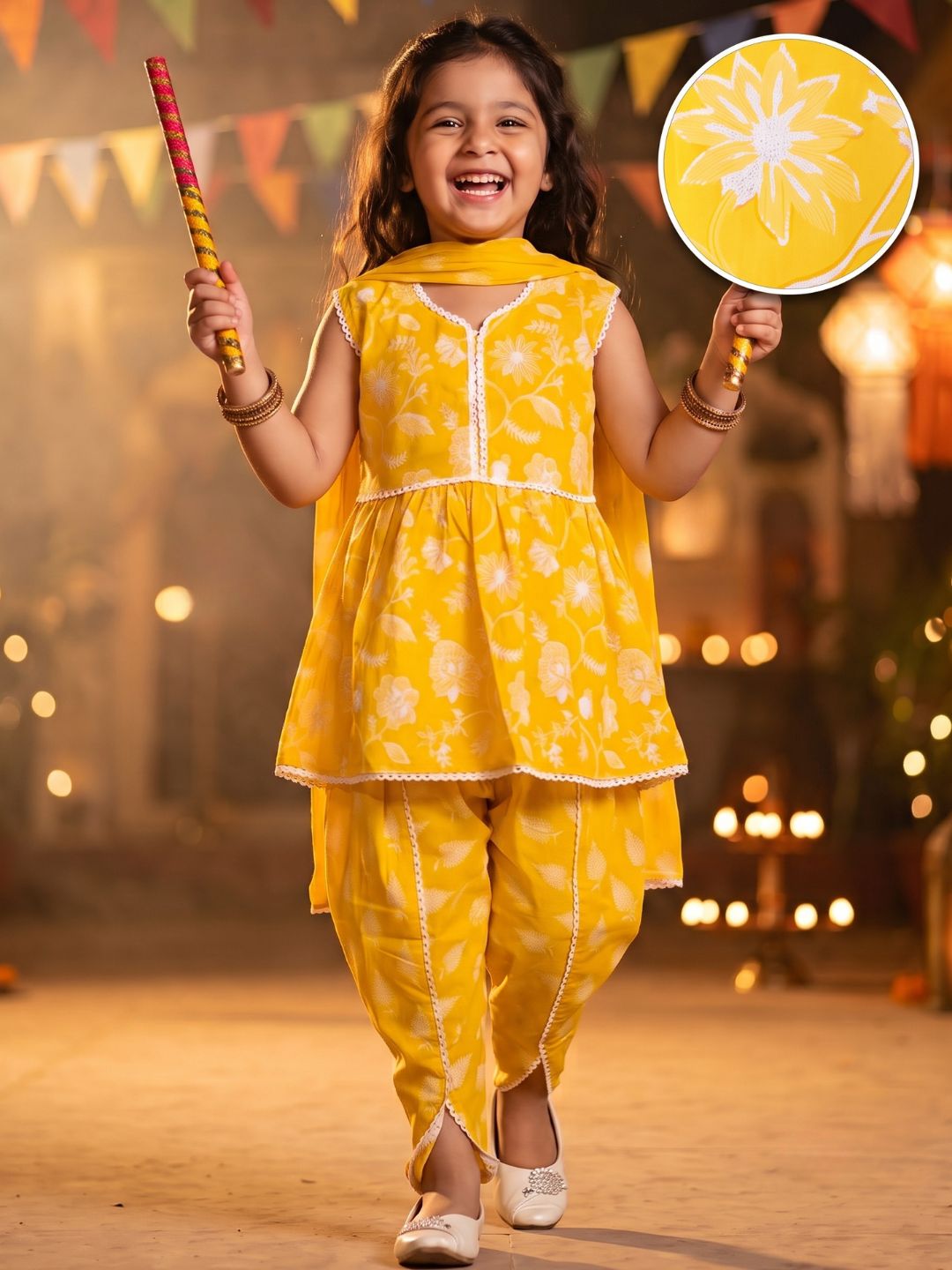 Yellow Sleeveless Floral Print Cotton Girls Suit Set For Girls