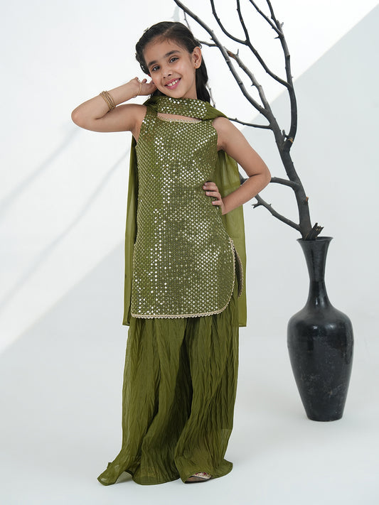 AJ Dezines Green Gorgette Sleeveless All Over Sequins Embroidered Girls Suit Set