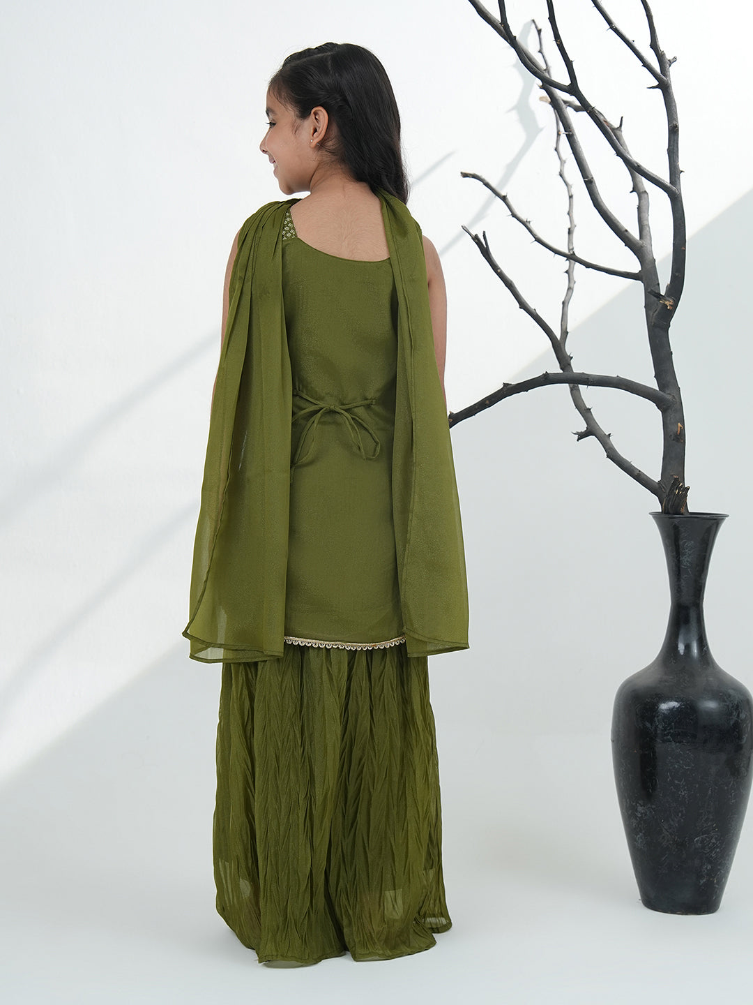 AJ Dezines Green Gorgette Sleeveless All Over Sequins Embroidered Girls Suit Set