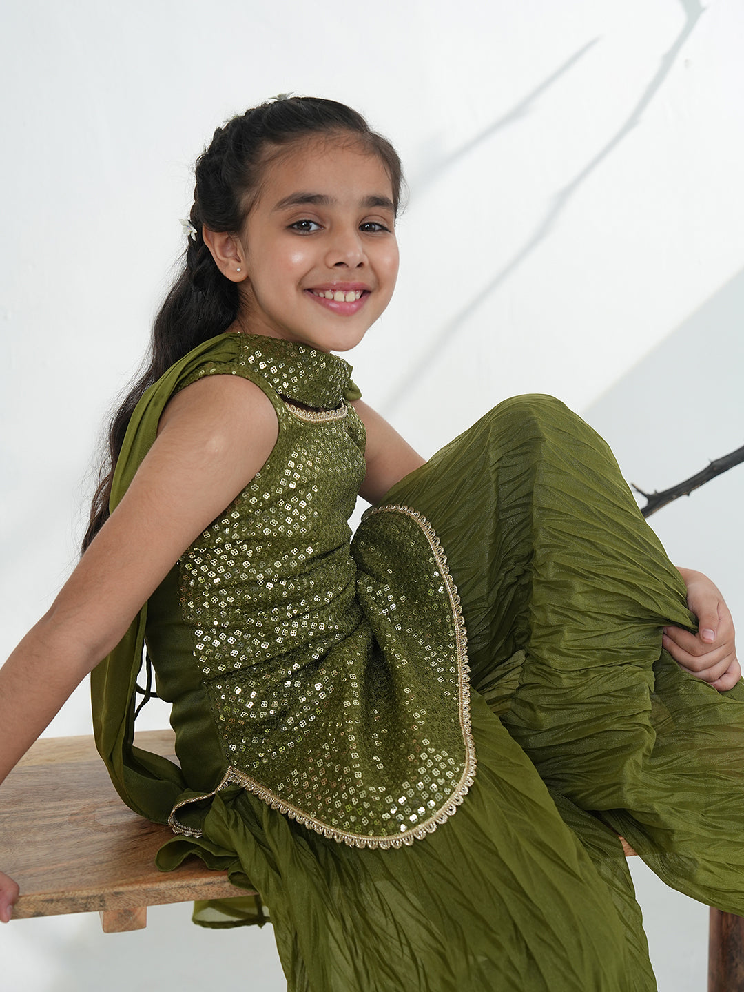 Green Gorgette Sleeveless All Over Sequins Embroidered Girls Suit Set - AJ Dezines