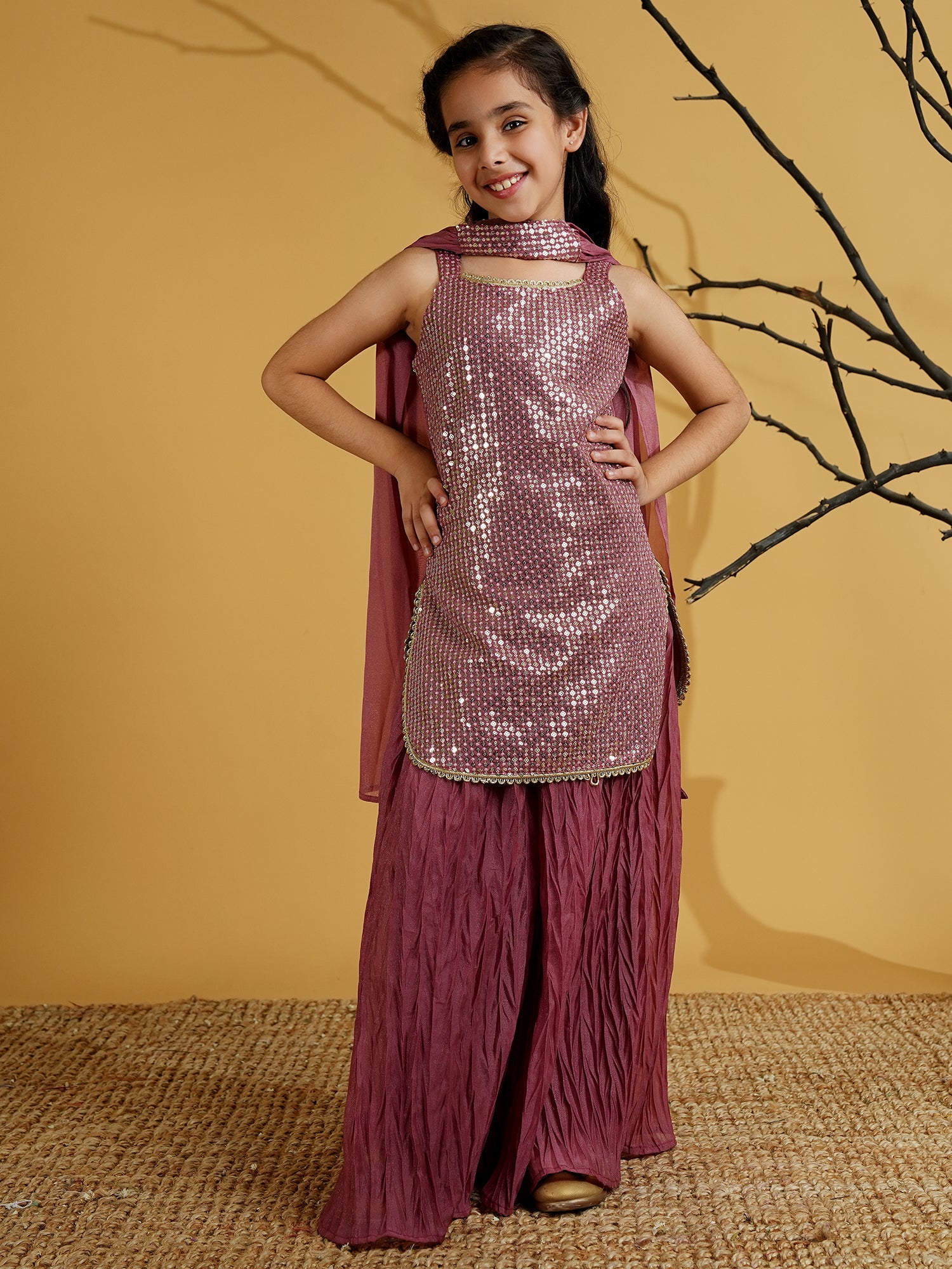 Pink Gorgette Sleeveless All Over Sequins Embroidered Girls Suit Set