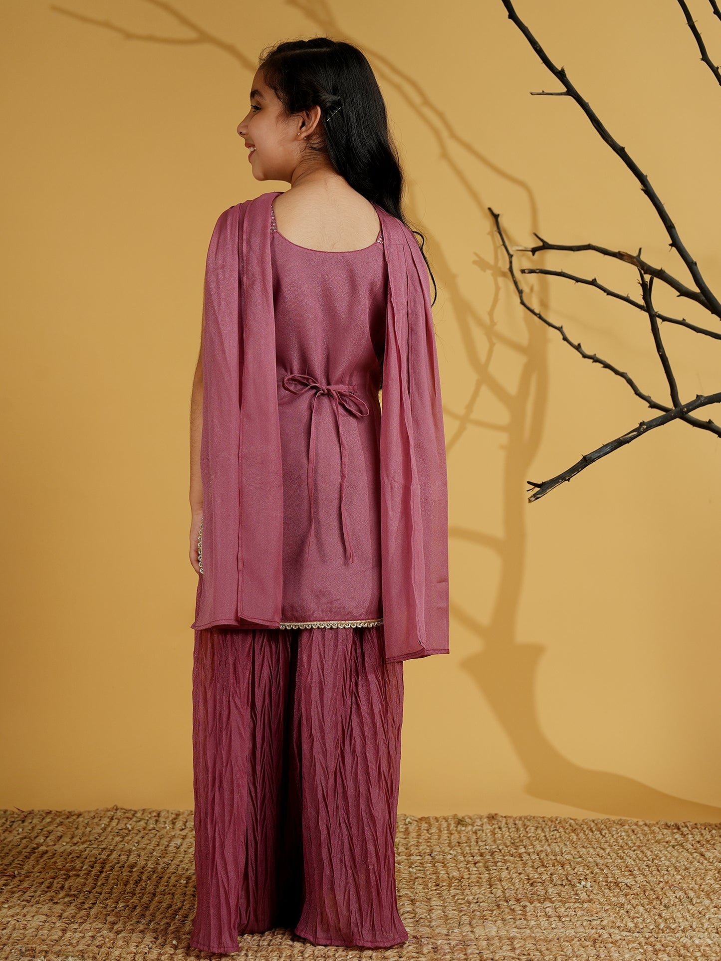 AJ Dezines Pink Gorgette Sleeveless All Over Sequins Embroidered Girls Suit Set