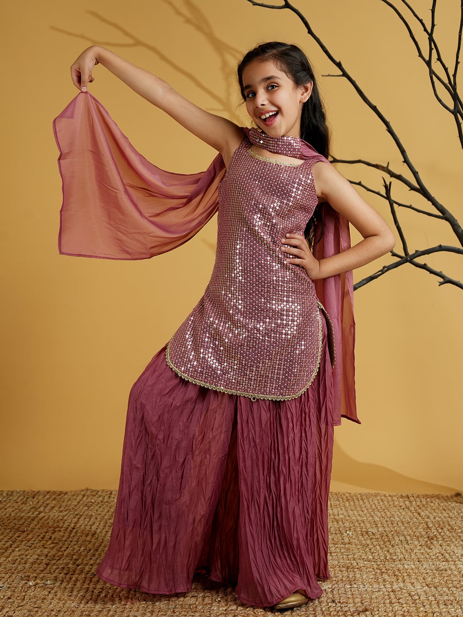 Pink Gorgette Sleeveless All Over Sequins Embroidered Girls Suit Set - AJ Dezines