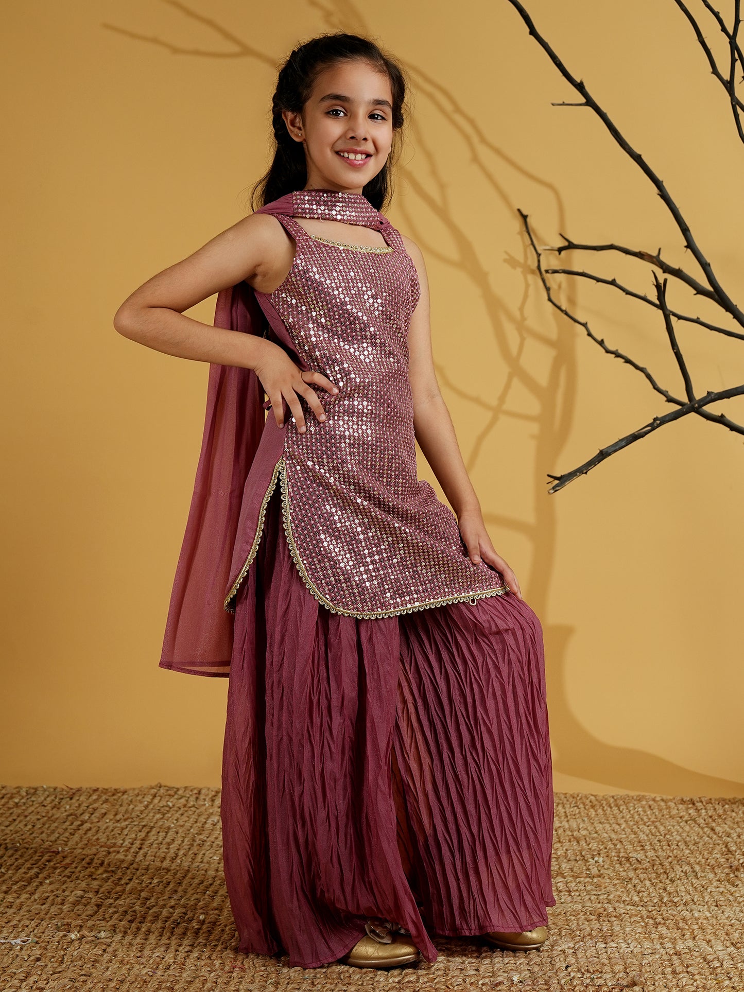 AJ Dezines Pink Gorgette Sleeveless All Over Sequins Embroidered Girls Suit Set