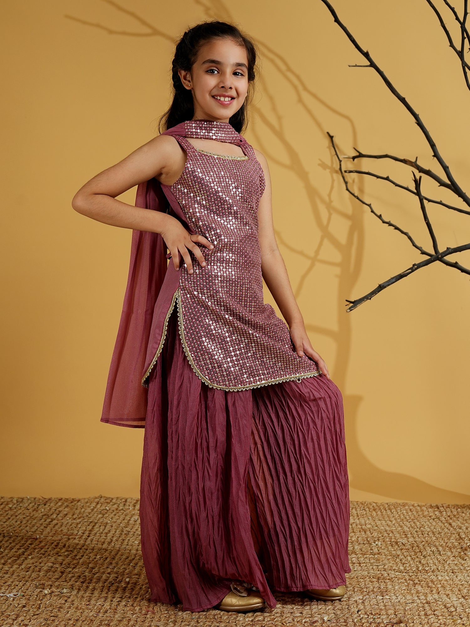 Pink Gorgette Sleeveless All Over Sequins Embroidered Girls Suit Set - AJ Dezines