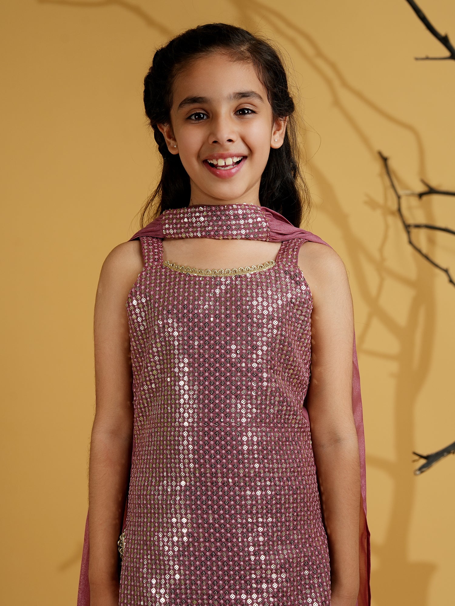 Pink Gorgette Sleeveless All Over Sequins Embroidered Girls Suit Set - AJ Dezines
