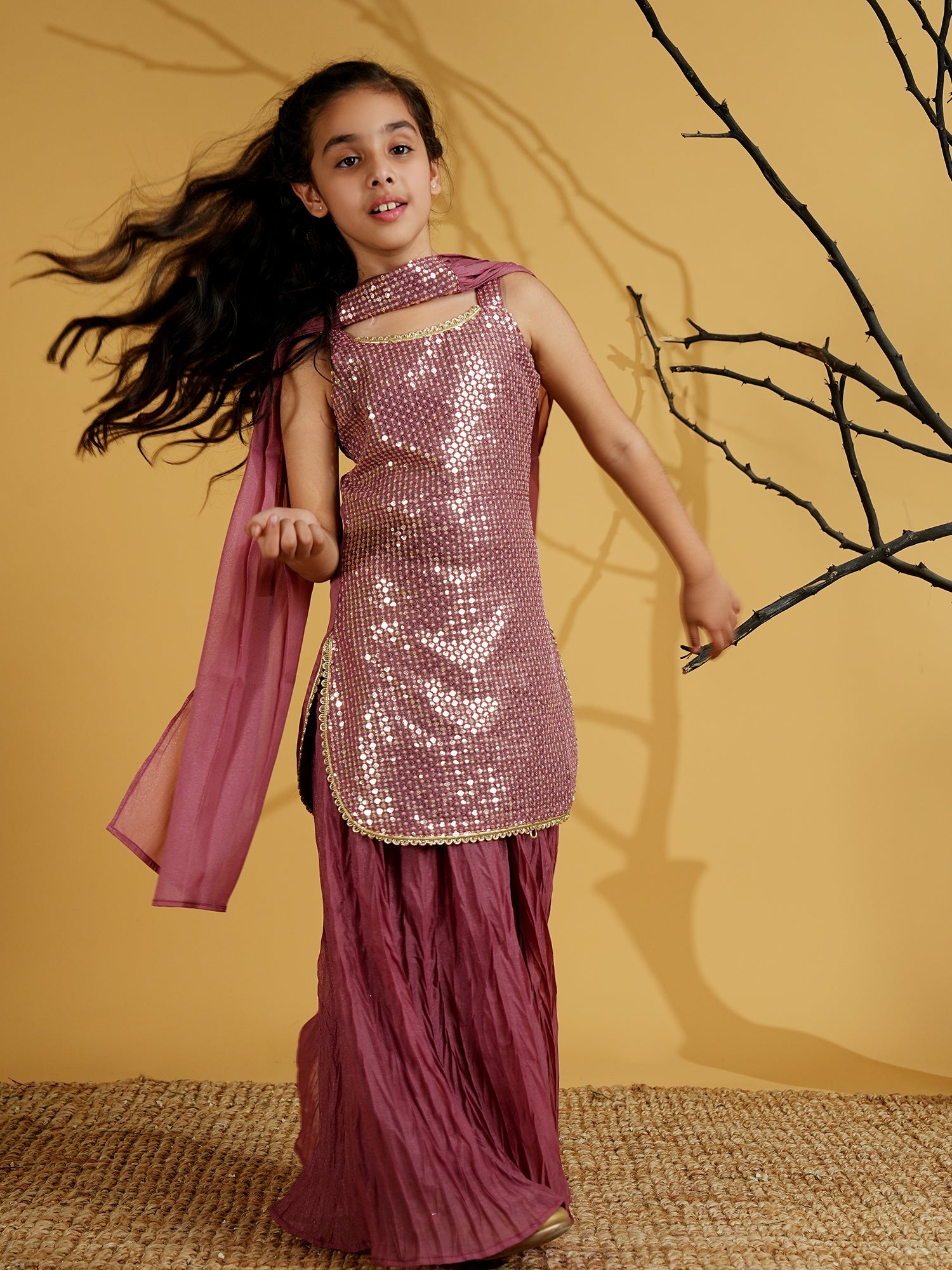 Pink Gorgette Sleeveless All Over Sequins Embroidered Girls Suit Set - AJ Dezines