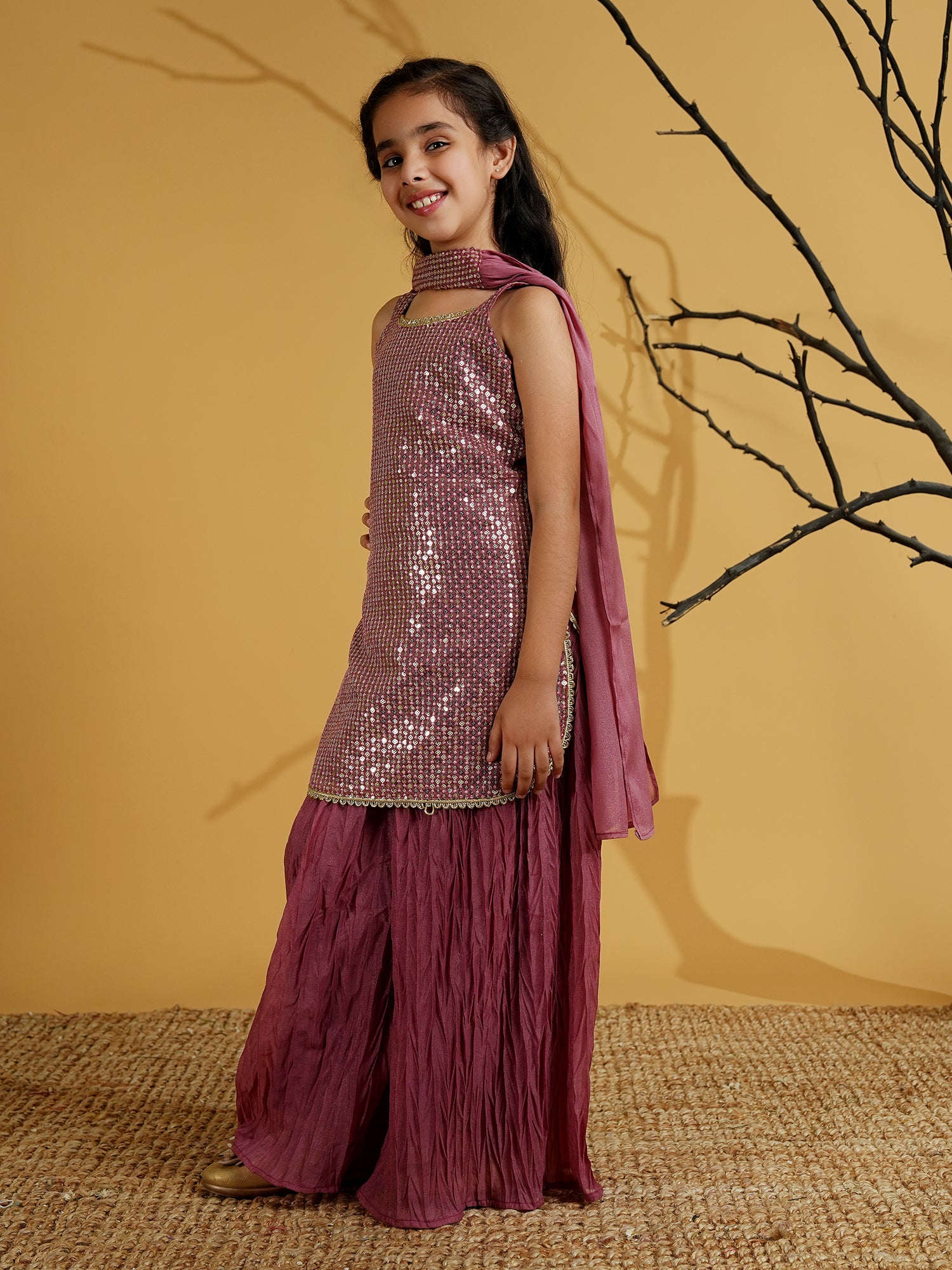 Pink Gorgette Sleeveless All Over Sequins Embroidered Girls Suit Set - AJ Dezines