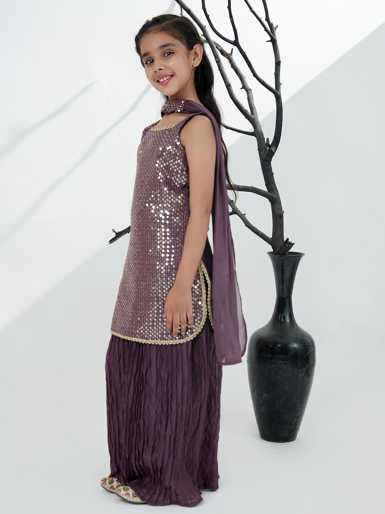Purple Gorgette Sleeveless All Over Sequins Embroidered Girls Suit Set - AJ Dezines