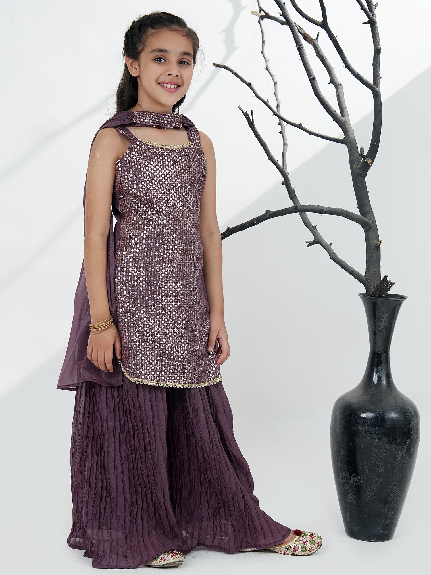 Purple Gorgette Sleeveless All Over Sequins Embroidered Girls Suit Set - AJ Dezines