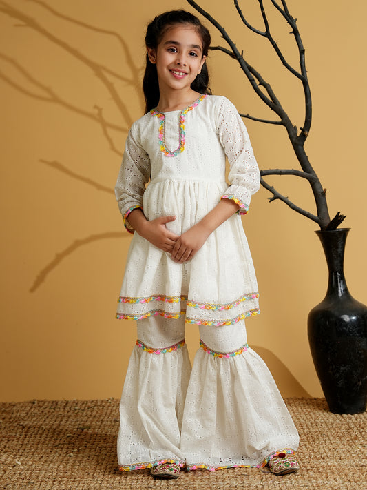 AJ Dezines White Cotton Schiffli 3/4th Sleeves Solid Girls Suit Set