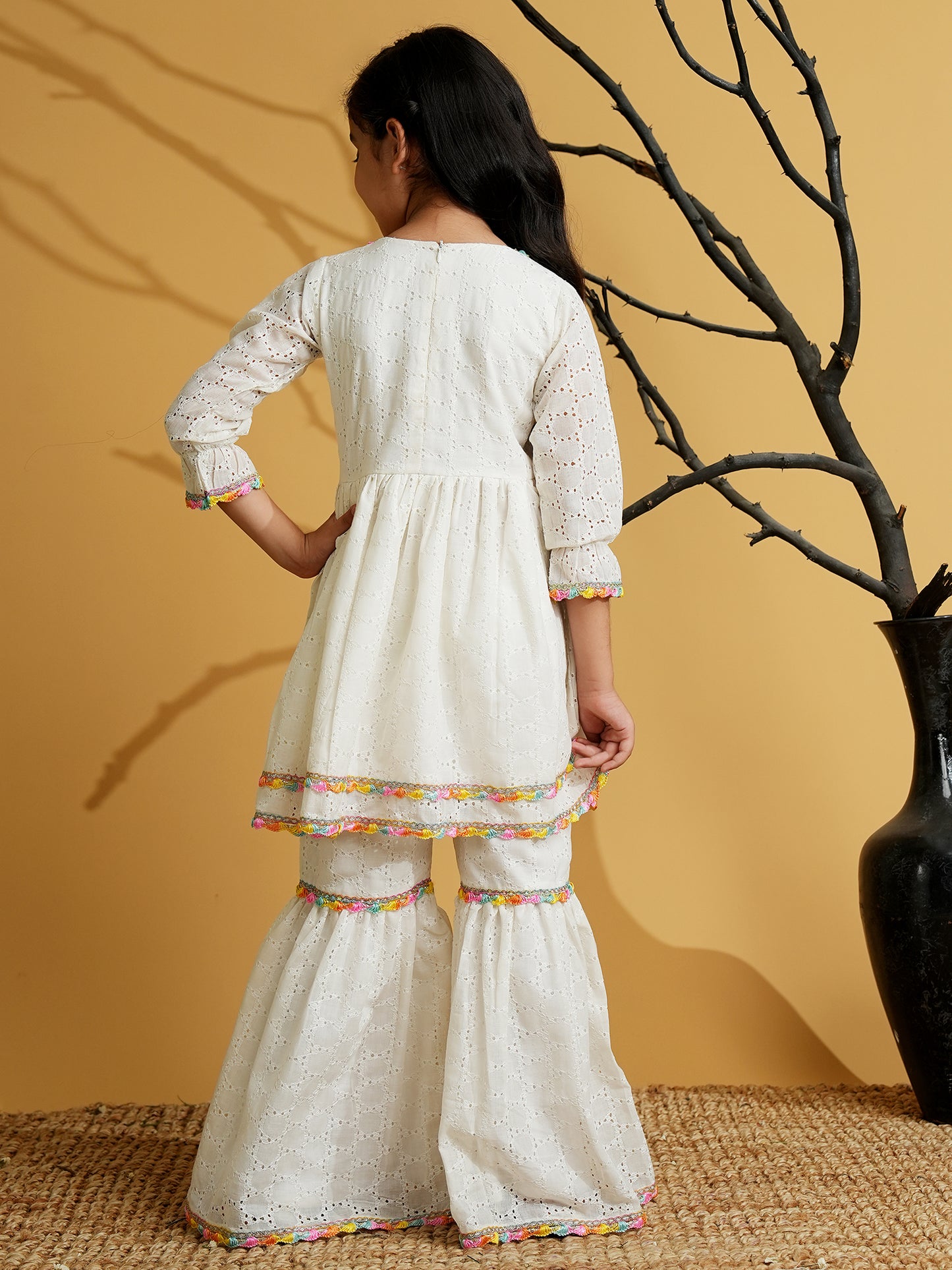 AJ Dezines White Cotton Schiffli 3/4th Sleeves Solid Girls Suit Set