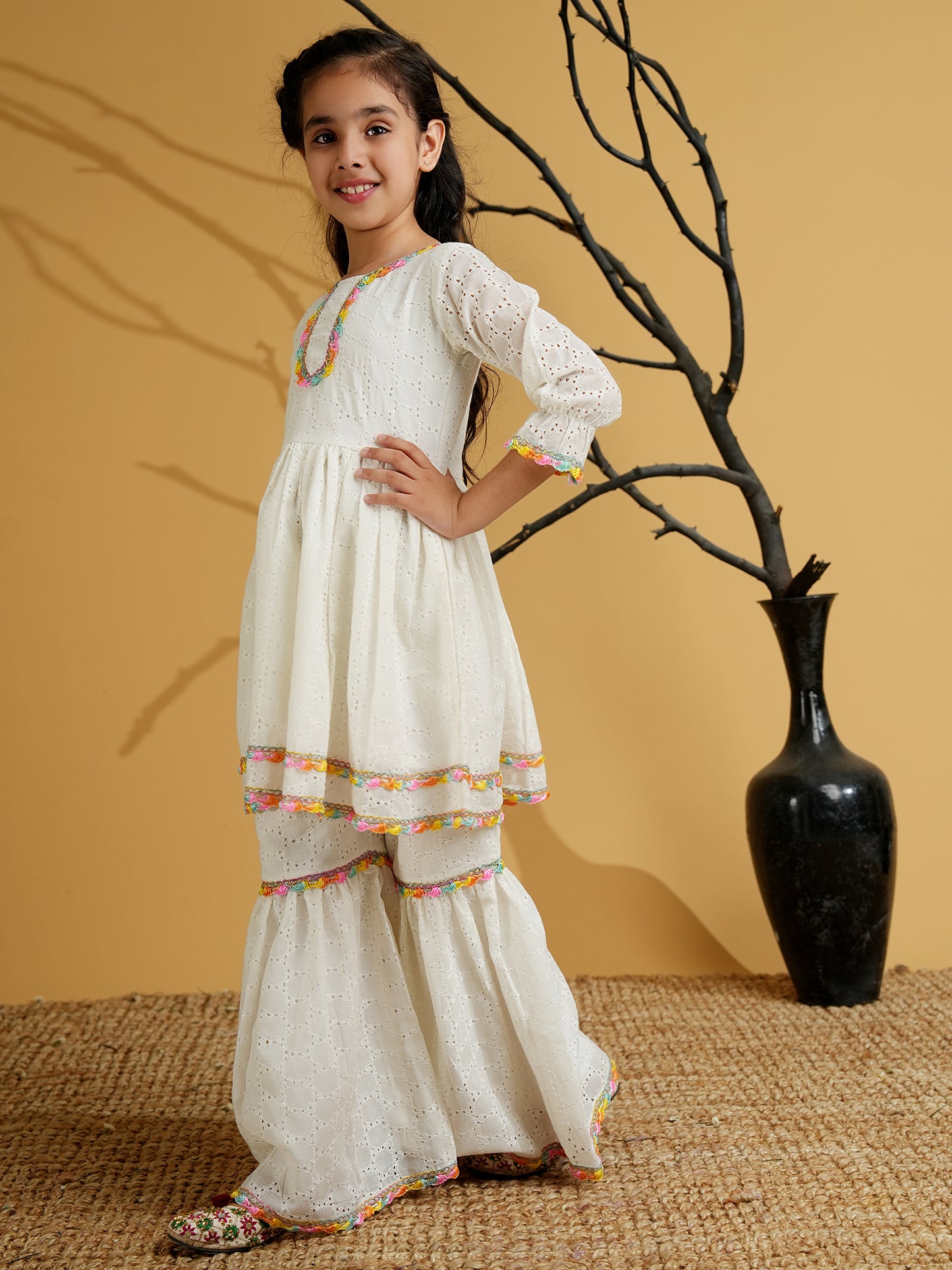 AJ Dezines White Cotton Schiffli 3/4th Sleeves Solid Girls Suit Set