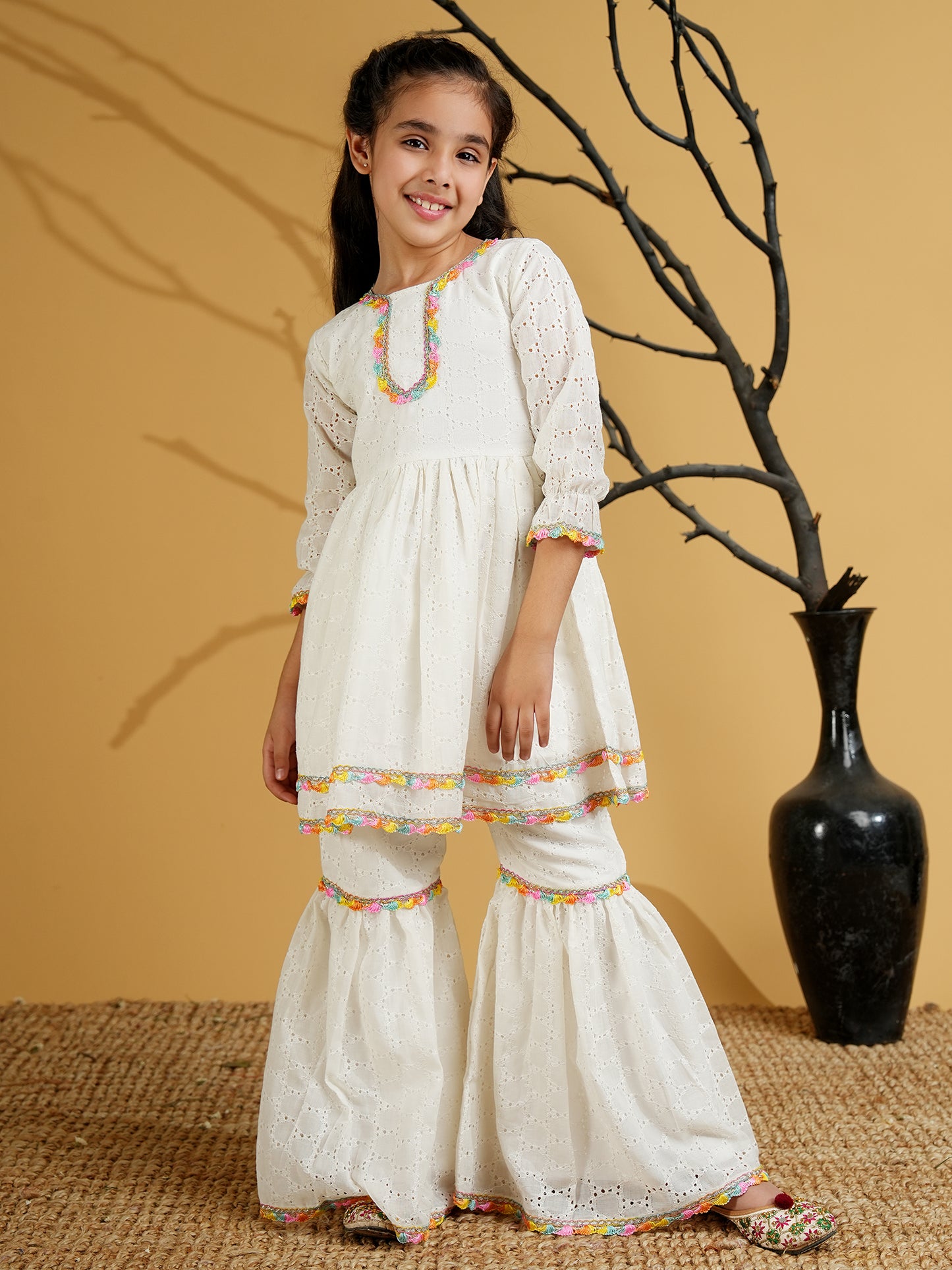 AJ Dezines White Cotton Schiffli 3/4th Sleeves Solid Girls Suit Set