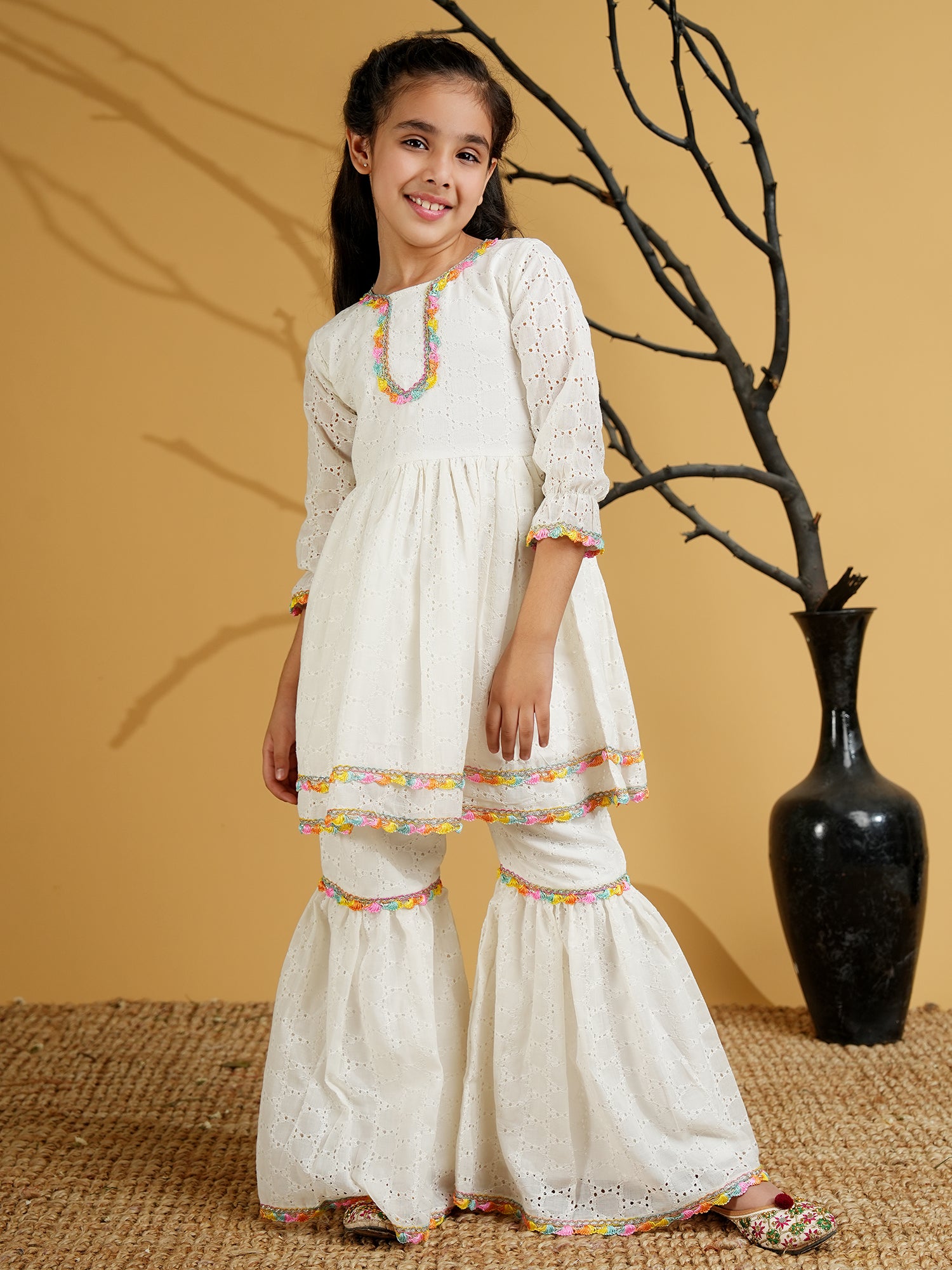White Cotton Schiffli 3/4th Sleeves Solid Girls Suit Set