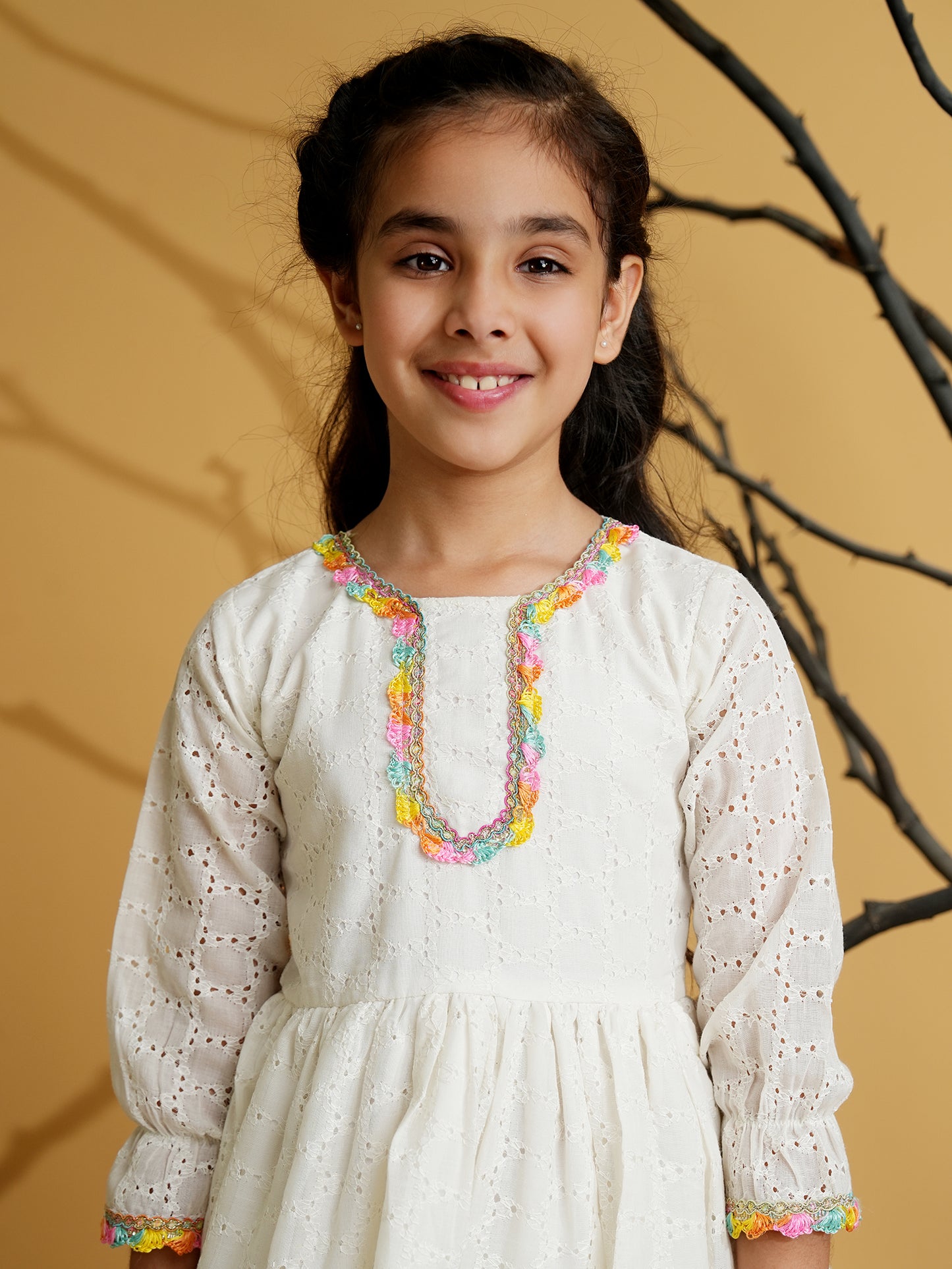 AJ Dezines White Cotton Schiffli 3/4th Sleeves Solid Girls Suit Set