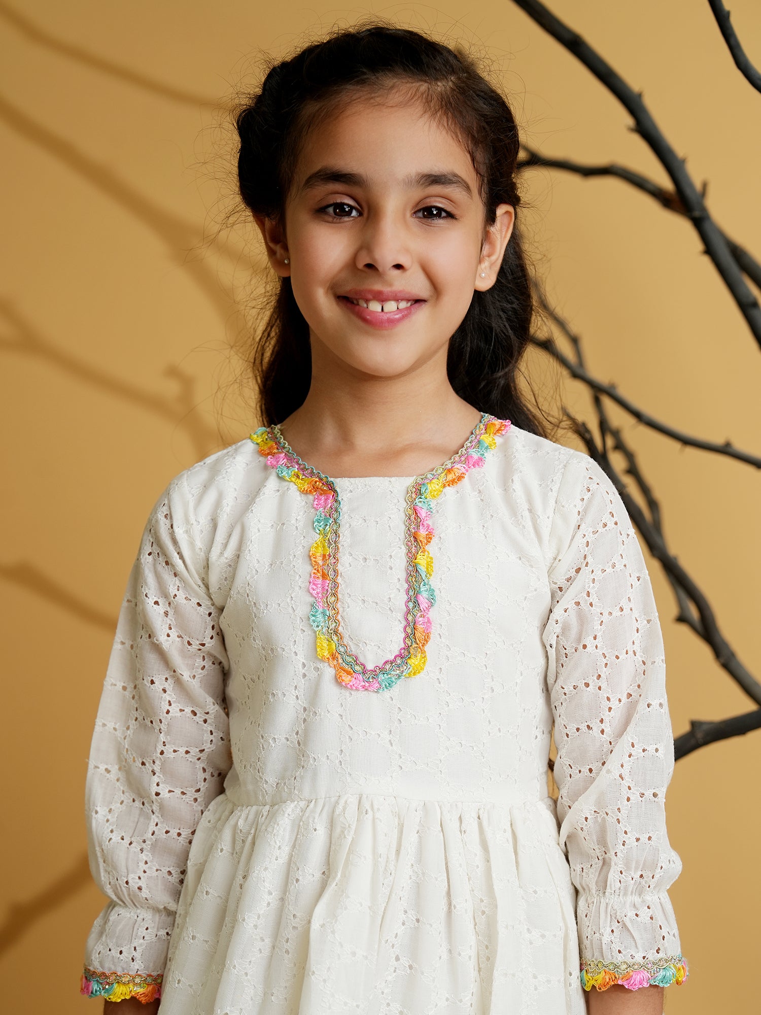 White Cotton Schiffli 3/4th Sleeves Solid Girls Suit Set