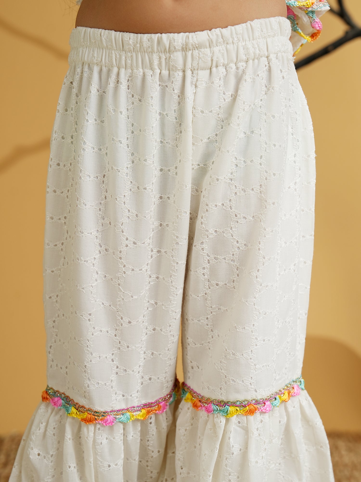 White Cotton Schiffli 3/4th Sleeves Solid Girls Suit Set