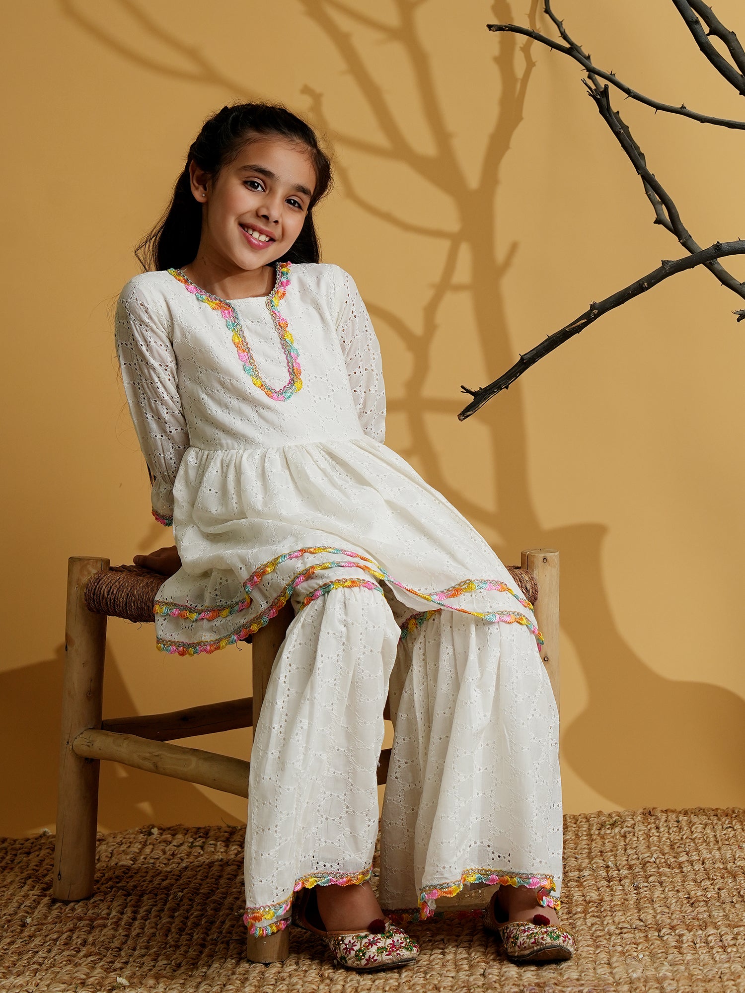 White Cotton Schiffli 3/4th Sleeves Solid Girls Suit Set