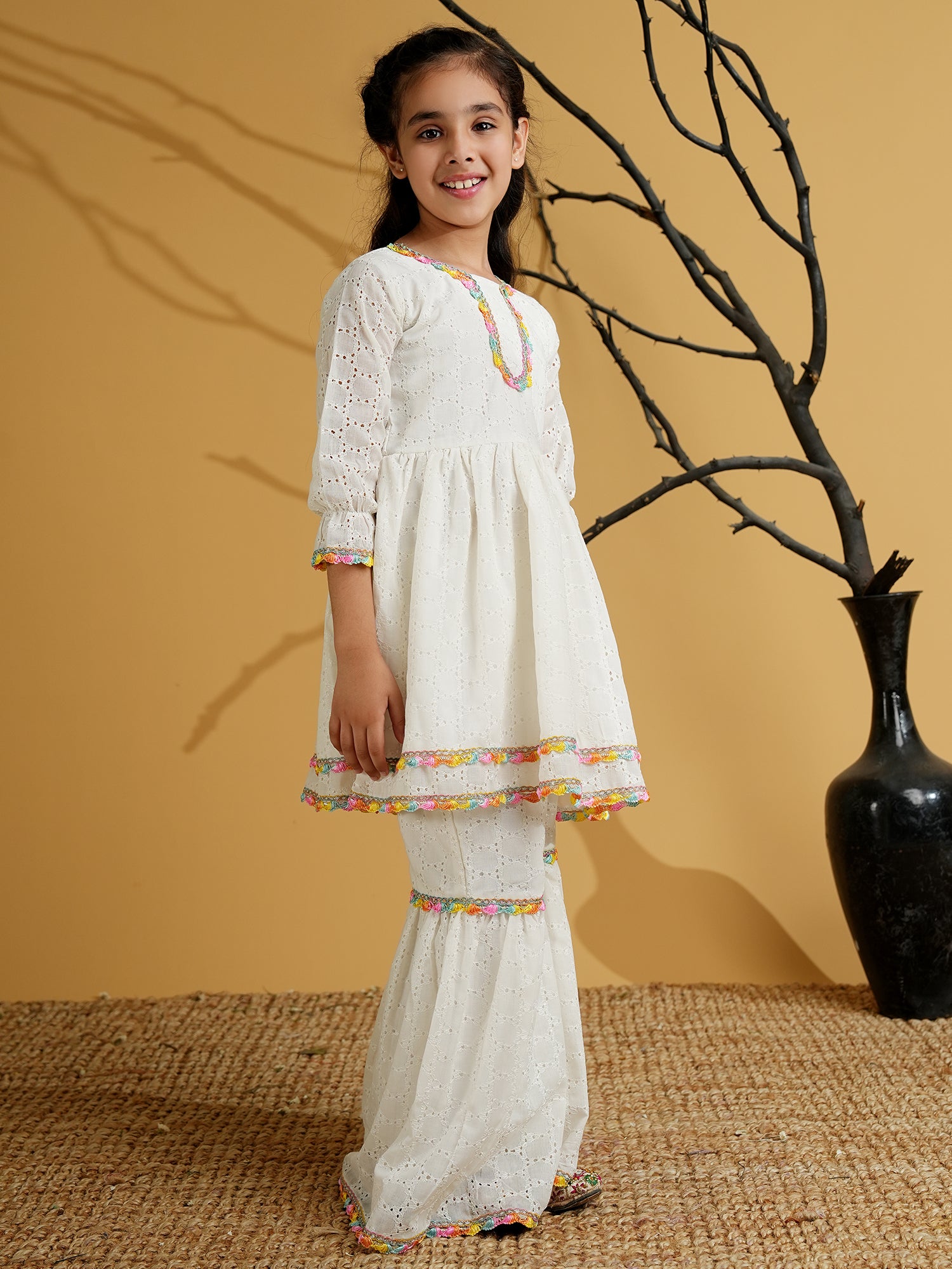 White Cotton Schiffli 3/4th Sleeves Solid Girls Suit Set