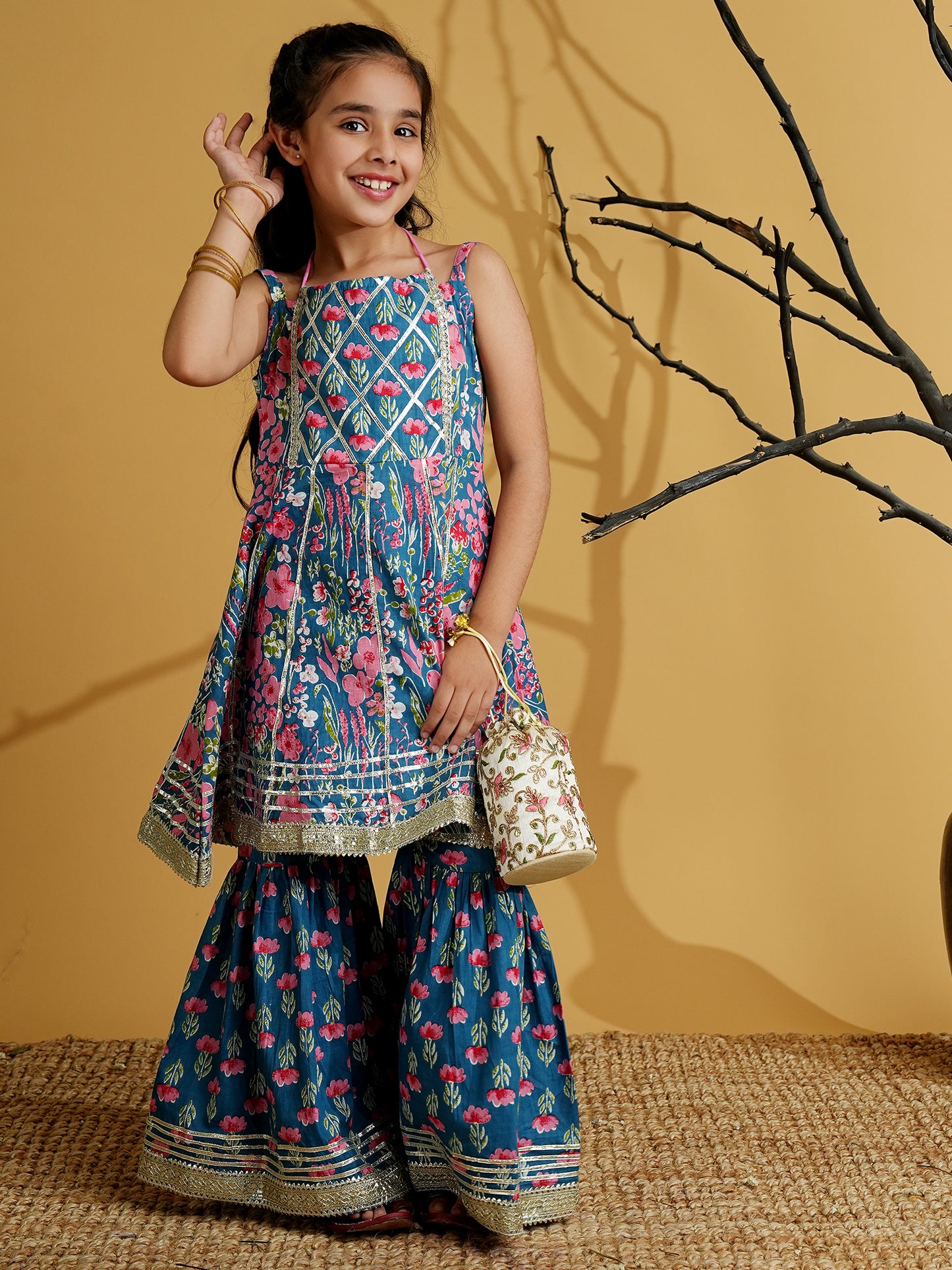 Aj Dezines Blue Cotton Sleeveless Floral Print Girls Kurti and Sharara Set with Gotta Work