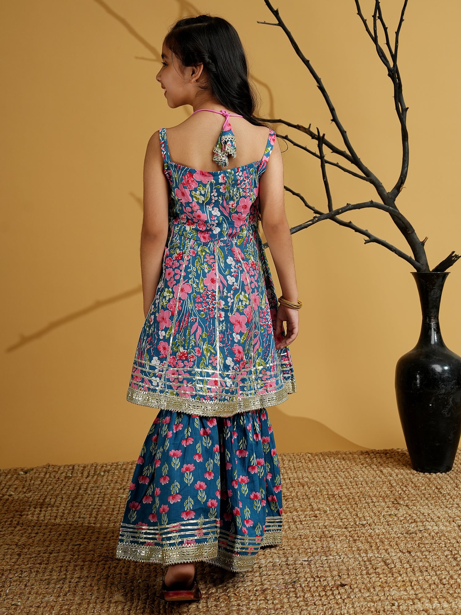 Blue Cotton Sleeveless Floral Print Girls Kurti and Sharara Set with Gotta Work - AJ Dezines