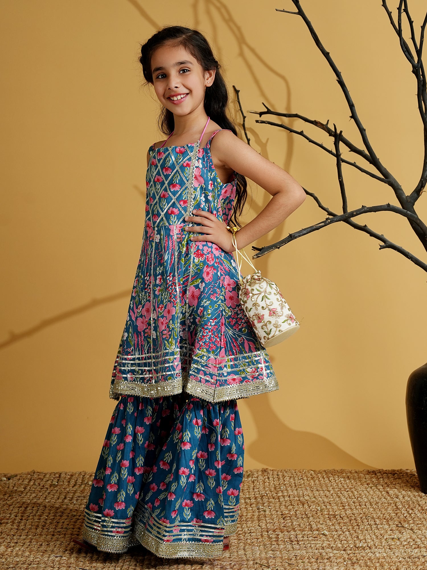 Blue Cotton Sleeveless Floral Print Girls Kurti and Sharara Set with Gotta Work - AJ Dezines