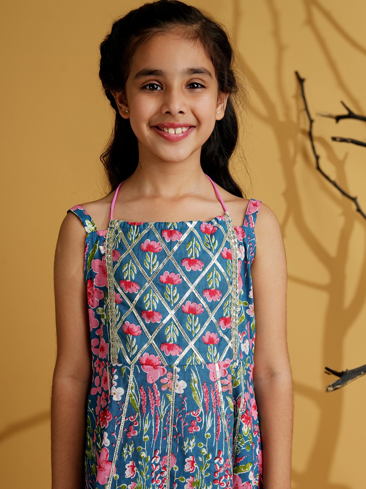 Aj Dezines Blue Cotton Sleeveless Floral Print Girls Kurti and Sharara Set with Gotta Work