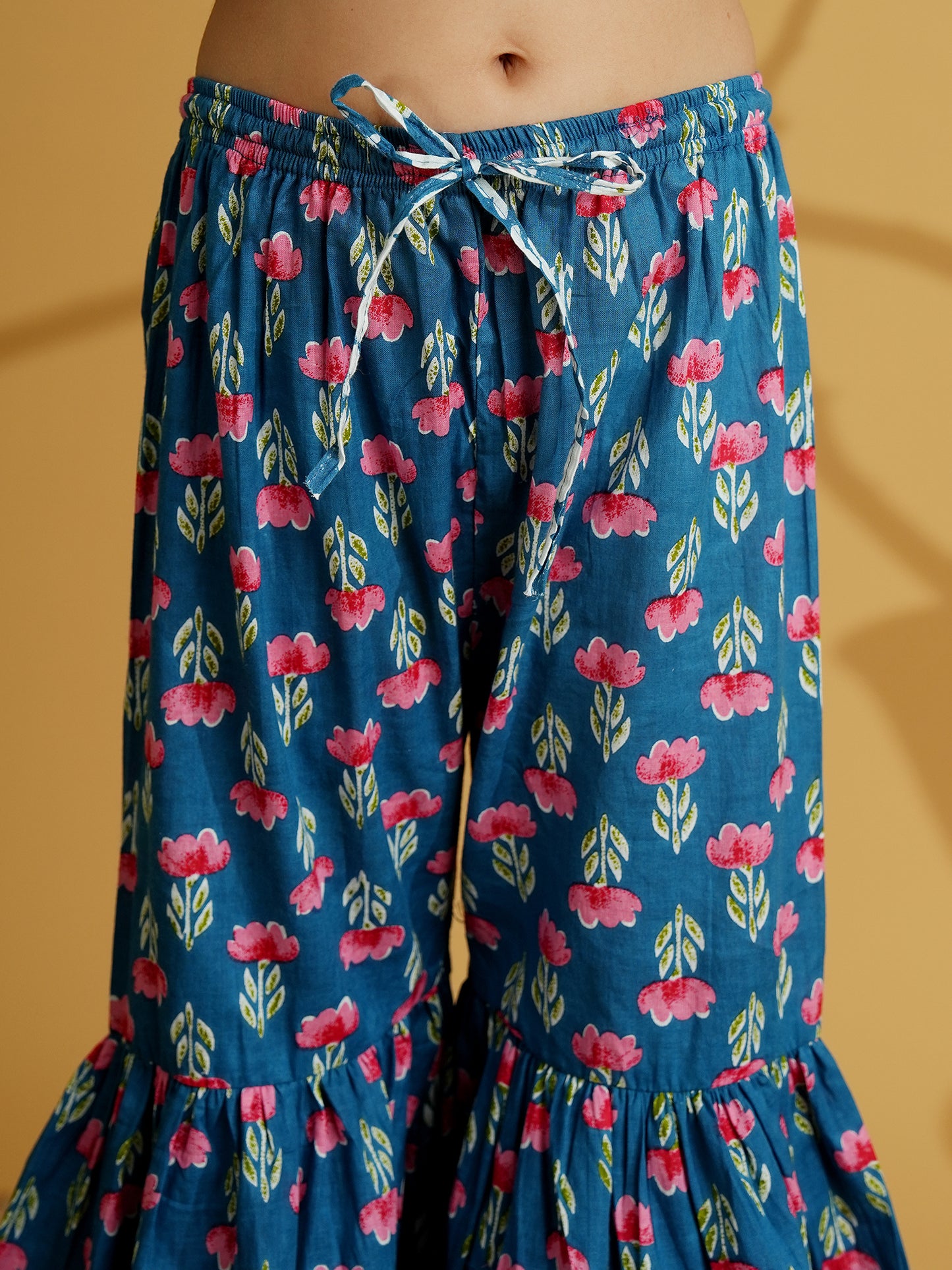 Aj Dezines Blue Cotton Sleeveless Floral Print Girls Kurti and Sharara Set with Gotta Work